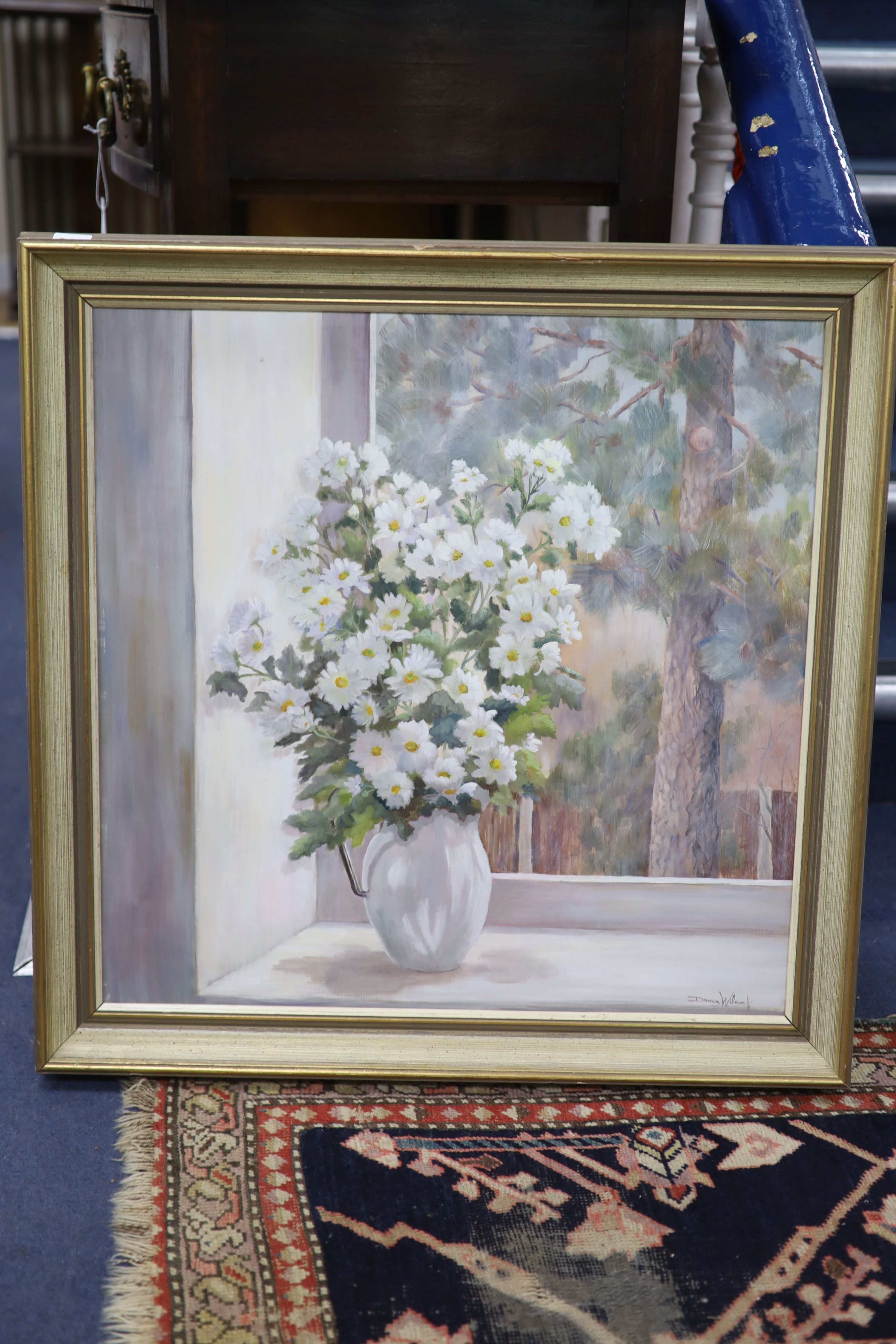 Doreen G. Wilcock SBA, oil on board, 'Study in White', signed with Exhibition label, 59 x 59cm